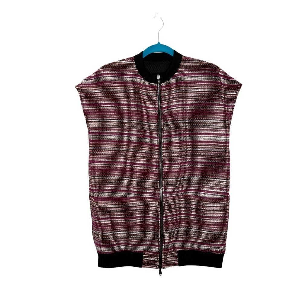 Woven Maroon, White & Black Striped Reversible Zipper Front Vest